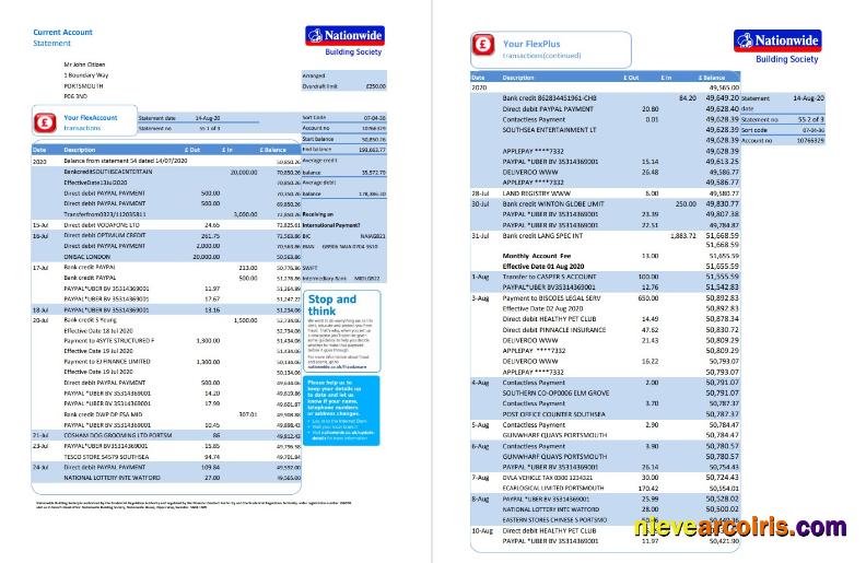 United Kingdom Nationwide bank statement in .xls and .pdf format (5 pages)
